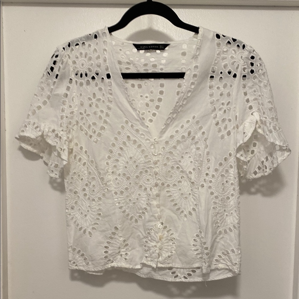 Top Zara White Cropped Ruffled Blouse